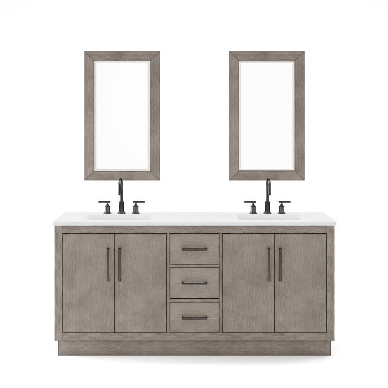 WATER CREATION HU72CWGK-R21BL14 HUGO 72 INCH DOUBLE SINK CARRARA WHITE MARBLE COUNTERTOP VANITY IN GREY OAK WITH GOOSENECK FAUCETS AND MIRRORS