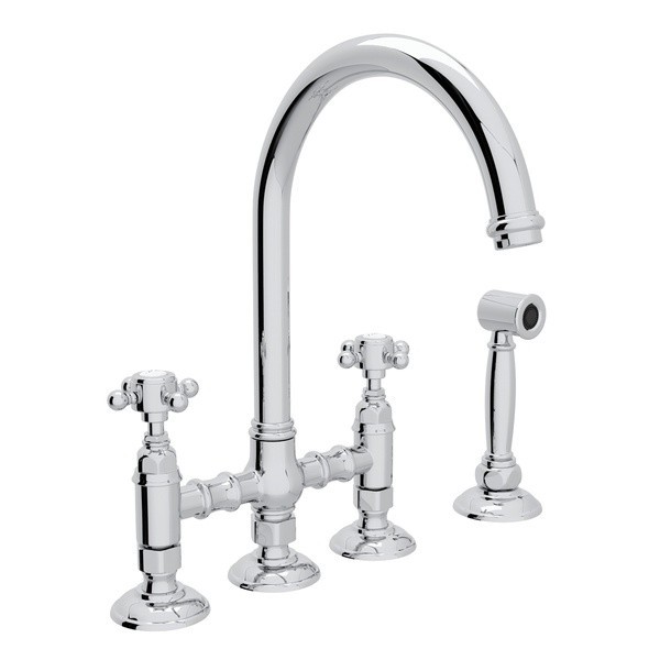 Rohl A1458XMWSPN-2 Polished Nickel Country Kitchen Country Kitchen Three Leg Bridge Faucet with Metal Cross Handles and Side Spray A1458XMWS-2 - 4