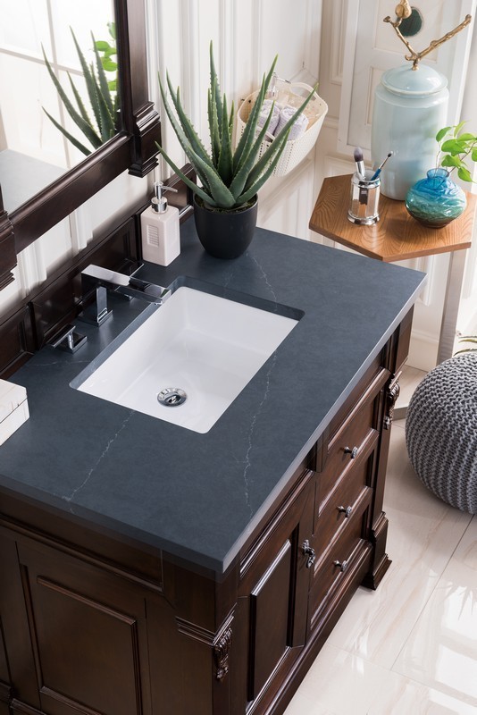 JAMES MARTIN 147-114-5566-3CSP BROOKFIELD 36 INCH BURNISHED MAHOGANY SINGLE VANITY WITH DRAWERS WITH 3 CM CHARCOAL SOAPSTONE QUARTZ TOP WITH SINK
