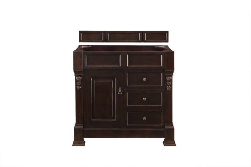 JAMES MARTIN 147-114-5566-3EJP BROOKFIELD 36 INCH BURNISHED MAHOGANY SINGLE VANITY WITH DRAWERS WITH 3 CM ETERNAL JASMINE PEARL QUARTZ TOP WITH SINK