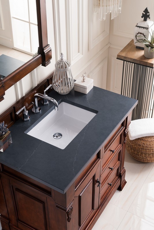 JAMES MARTIN 147-114-5586-3CSP BROOKFIELD 36 INCH WARM CHERRY SINGLE VANITY WITH DRAWERS WITH 3 CM CHARCOAL SOAPSTONE QUARTZ TOP WITH SINK