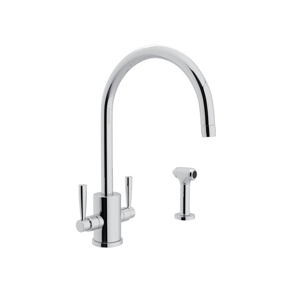 ROHL U.4312LS-2 PERRIN & ROWE HOLBORN SINGLE HOLE "C" SPOUT KITCHEN FAUCET WITH ROUND BODY, SIDESPRAY AND METAL LEVERS