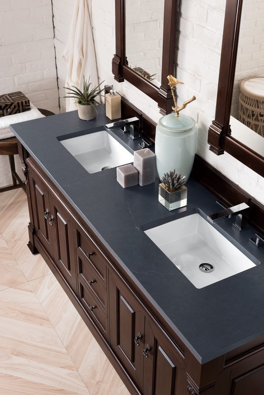 JAMES MARTIN 147-114-5761-3CSP BROOKFIELD 72 INCH BURNISHED MAHOGANY DOUBLE VANITY WITH 3 CM CHARCOAL SOAPSTONE QUARTZ TOP WITH SINK