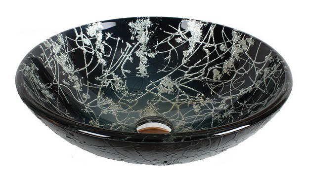 DAWN GVB81610 16-1/2 INCH ROUND BLACK AND WHITE TEMPERED GLASS VESSEL SINK