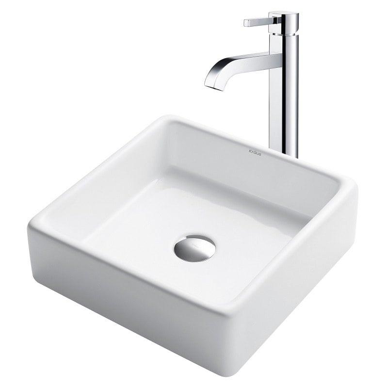 KRAUS C-KCV-120-1007 WHITE 15.2 INCH SQUARE CERAMIC SINK AND RAMUS FAUCET