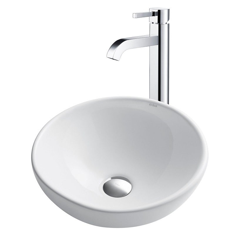 KRAUS C-KCV-141-1007 WHITE 16 INCH ROUND CERAMIC SINK AND RAMUS FAUCET