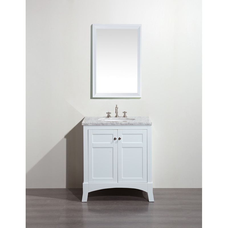 EVIVA EVVN514-30WH NEW YORK 30 INCH WHITE BATHROOM VANITY, WITH WHITE MARBLE CARRERA COUNTER-TOP AND SINK