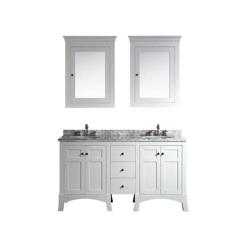 EVIVA EVVN514-60WH NEW YORK 60 INCH WHITE BATHROOM VANITY, WITH WHITE MARBLE CARRERA COUNTER-TOP AND SINK