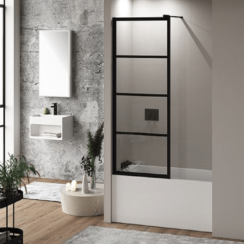 FLEURCO LAVT-33-43 LATITUDE 66 H INCH MATTE BLACK WALK-IN FIXED TUB SHIELD WITH 5/16 INCH CLEAR GLASS WITH BLACK SILK SCREEN