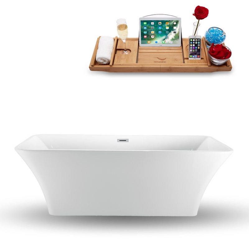 STREAMLINE N-1000-71FSWH-FM 71 INCH FREESTANDING TUB IN GLOSSY WHITE WITH INTERNAL DRAIN, AND TRAY