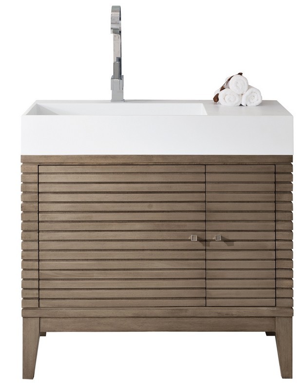 JAMES MARTIN 210-V36-WW-GW LINEAR 36 INCH SINGLE VANITY IN WHITEWASHED WALNUT WITH GLOSSY WHITE SOLID SURFACE TOP