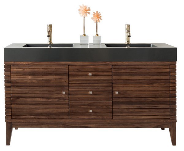 JAMES MARTIN 210-V59D-WLT-DGG LINEAR 59 INCH DOUBLE VANITY IN MID CENTURY WALNUT WITH GLOSSY DARK GRAY SOLID SURFACE TOP