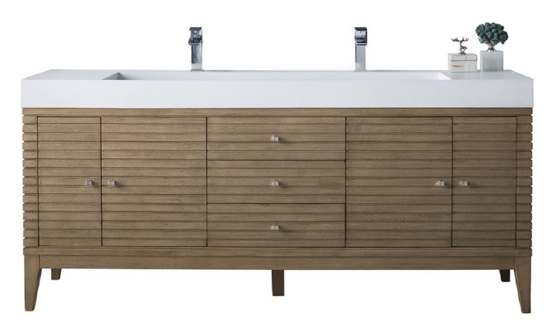 JAMES MARTIN 210-V72D-WW-GW LINEAR 72 INCH DOUBLE VANITY IN WHITEWASHED WALNUT WITH GLOSSY WHITE SOLID SURFACE TOP