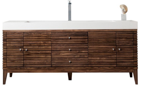 JAMES MARTIN 210-V72S-WLT-DGG LINEAR 72 INCH SINGLE VANITY IN MID CENTURY WALNUT WITH GLOSSY DARK GRAY SOLID SURFACE TOP