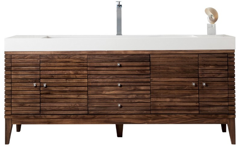 JAMES MARTIN 210-V72S-WLT-GW LINEAR 72 INCH SINGLE VANITY IN MID CENTURY WALNUT WITH GLOSSY WHITE SOLID SURFACE TOP