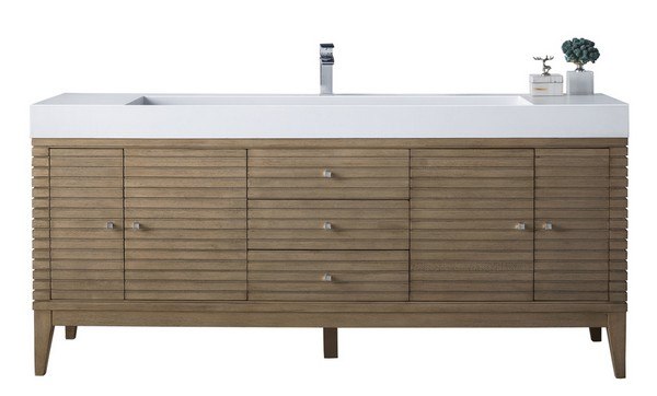 JAMES MARTIN 210-V72S-WW-DGG LINEAR 72 INCH SINGLE VANITY IN WHITEWASHED WALNUT WITH GLOSSY DARK GRAY SOLID SURFACE TOP