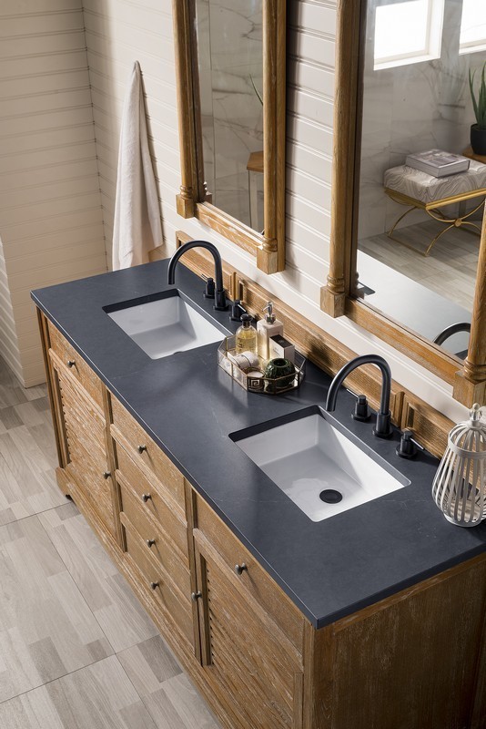 JAMES MARTIN 238-104-5711-3CSP SAVANNAH 72 INCH DOUBLE VANITY CABINET IN DRIFTWOOD WITH 3 CM CHARCOAL SOAPSTONE QUARTZ TOP WITH SINK