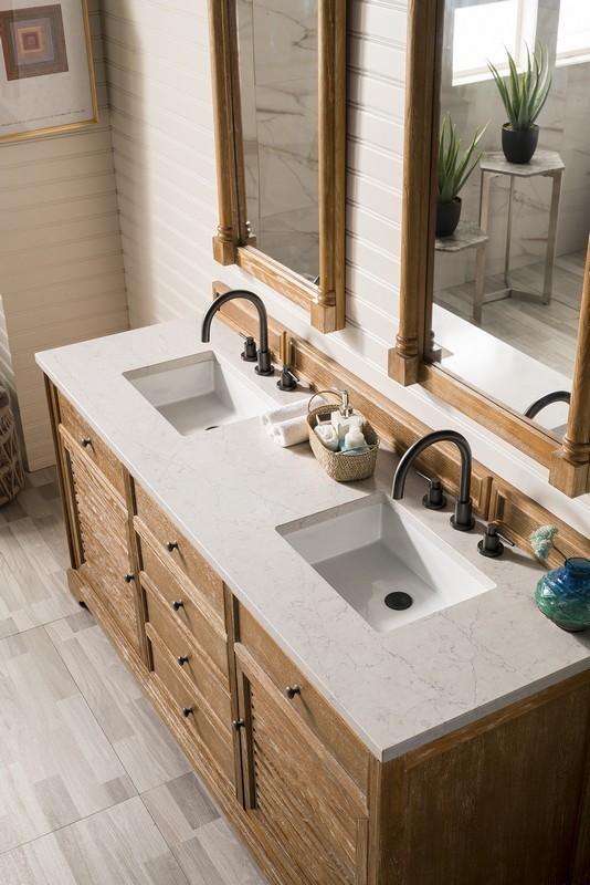 JAMES MARTIN 238-104-5711-3EJP SAVANNAH 72 INCH DOUBLE VANITY CABINET IN DRIFTWOOD WITH 3 CM ETERNAL JASMINE PEARL QUARTZ TOP WITH SINK