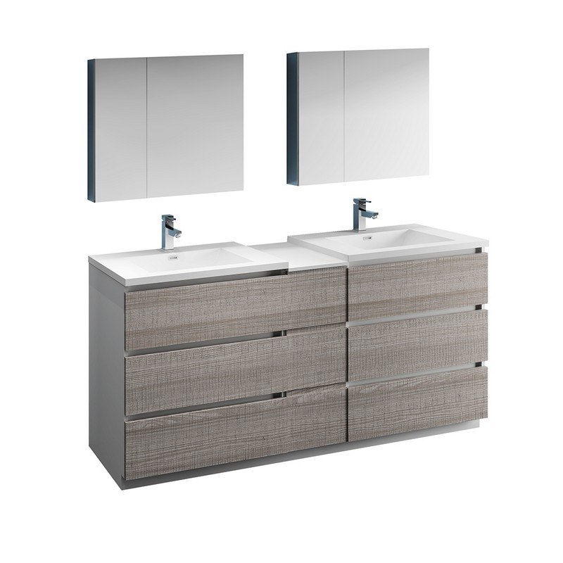 FRESCA FVN93-301230HA-D LAZZARO 72 INCH GLOSSY ASH GRAY FREE STANDING DOUBLE SINK MODERN BATHROOM VANITY WITH MEDICINE CABINET
