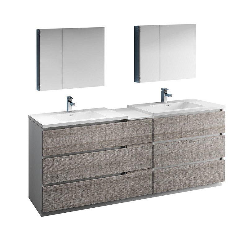 FRESCA FVN93-361236HA-D LAZZARO 84 INCH GLOSSY ASH GRAY FREE STANDING DOUBLE SINK MODERN BATHROOM VANITY WITH MEDICINE CABINET
