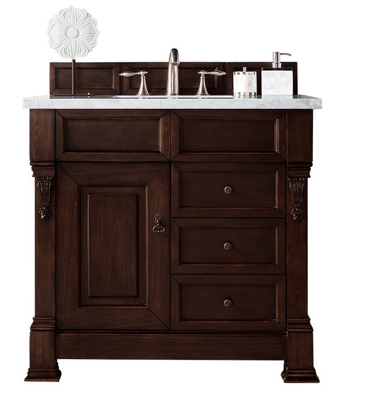 JAMES MARTIN 147-114-5566-3CAR BROOKFIELD 36 INCH BURNISHED MAHOGANY SINGLE VANITY WITH DRAWERS WITH 3 CM CARRARA MARBLE TOP