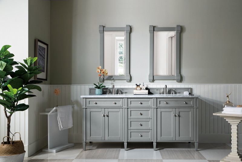 JAMES MARTIN 650-V72-UGR-3CAR BRITTANY 72 INCH URBAN GRAY DOUBLE VANITY WITH 3 CM CARRARA MARBLE TOP