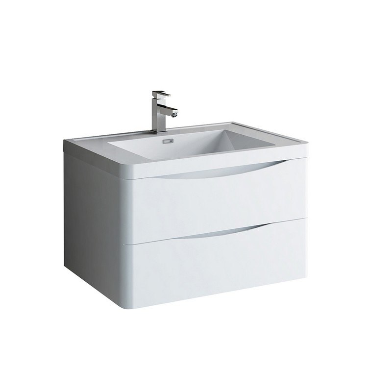 FRESCA FCB9032WH-I TUSCANY 32 INCH GLOSSY WHITE WALL HUNG MODERN BATHROOM CABINET WITH INTEGRATED SINK