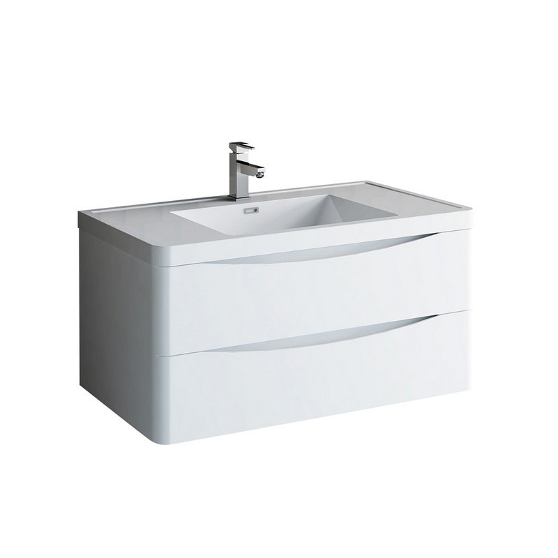 FRESCA FCB9040WH-I TUSCANY 40 INCH GLOSSY WHITE WALL HUNG MODERN BATHROOM CABINET WITH INTEGRATED SINK