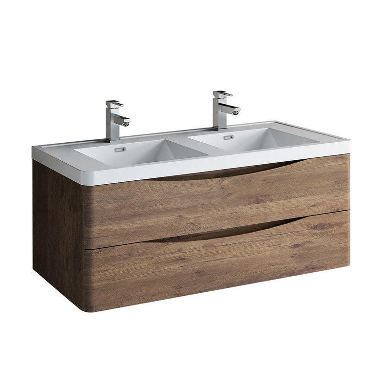 FRESCA FCB9048RW-D-I TUSCANY 48 INCH ROSEWOOD WALL HUNG MODERN BATHROOM CABINET WITH INTEGRATED DOUBLE SINK