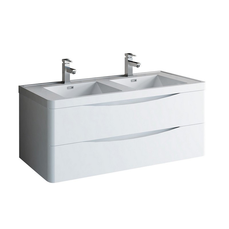 FRESCA FCB9048WH-D-I TUSCANY 48 INCH GLOSSY WHITE WALL HUNG MODERN BATHROOM CABINET WITH INTEGRATED DOUBLE SINK