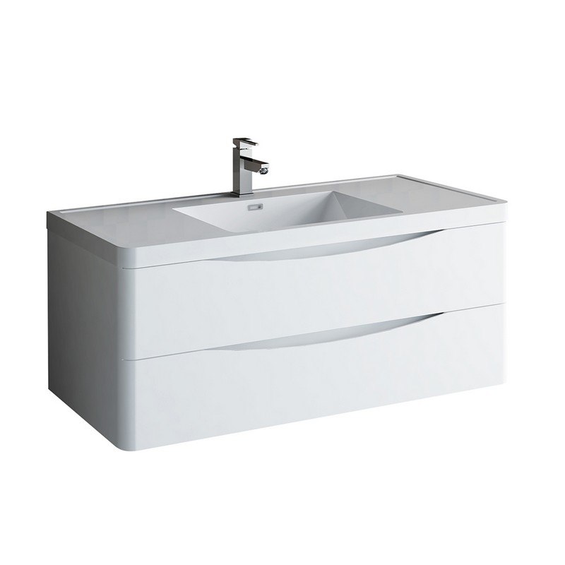 FRESCA FCB9048WH-I TUSCANY 48 INCH GLOSSY WHITE WALL HUNG MODERN BATHROOM CABINET WITH INTEGRATED SINK