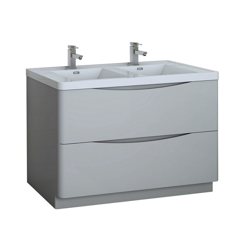 FRESCA FCB9148GRG-D-I TUSCANY 48 INCH GLOSSY GRAY FREE STANDING MODERN BATHROOM CABINET WITH INTEGRATED DOUBLE SINK