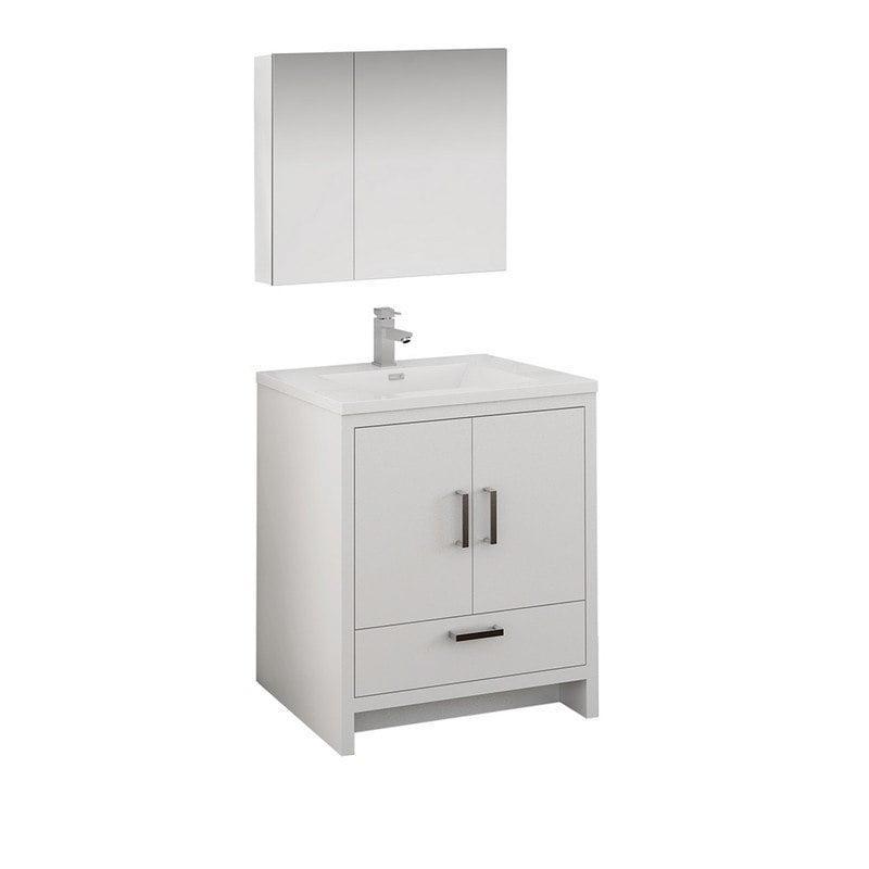 FRESCA FVN9430WH IMPERIA 30 INCH GLOSSY WHITE FREE STANDING MODERN BATHROOM VANITY WITH MEDICINE CABINET