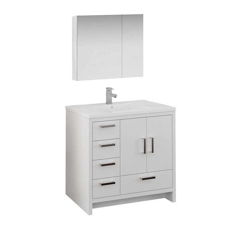 FRESCA FVN9436WH-L IMPERIA 36 INCH GLOSSY WHITE FREE STANDING MODERN BATHROOM VANITY WITH MEDICINE CABINET- LEFT VERSION
