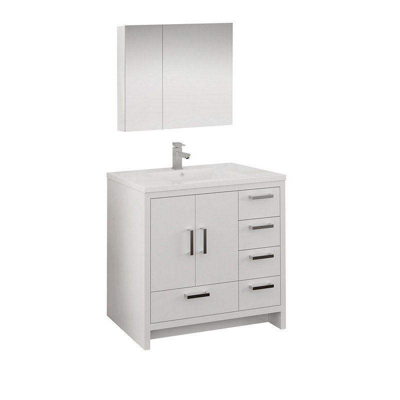 FRESCA FVN9436WH-R IMPERIA 36 INCH GLOSSY WHITE FREE STANDING MODERN BATHROOM VANITY WITH MEDICINE CABINET - RIGHT VERSION