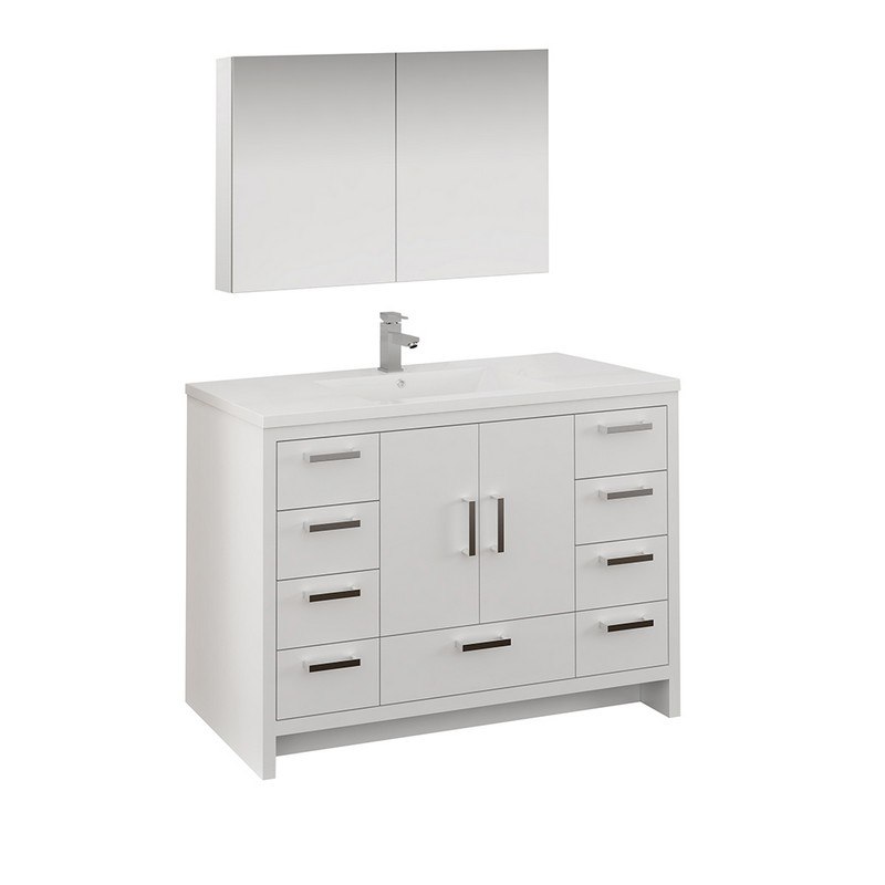 FRESCA FVN9448WH IMPERIA 48 INCH GLOSSY WHITE FREE STANDING MODERN BATHROOM VANITY WITH MEDICINE CABINET