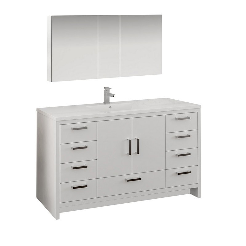 FRESCA FVN9460WH-S IMPERIA 60 INCH GLOSSY WHITE FREE STANDING SINGLE SINK MODERN BATHROOM VANITY WITH MEDICINE CABINET