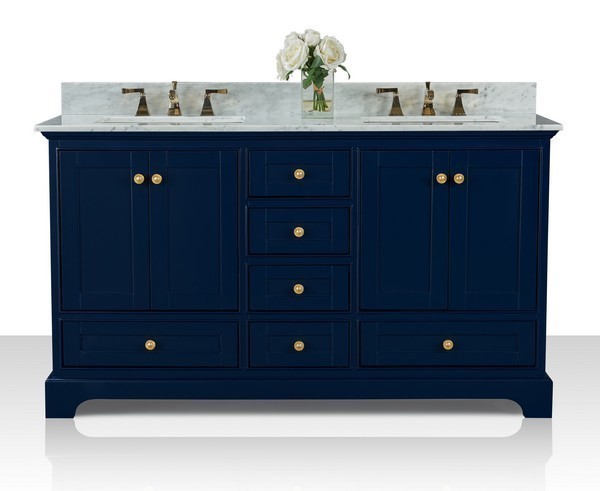 ANCERRE DESIGNS VTS-AUDREY-60-HB-CW-GD AUDREY 60 INCH BATH VANITY SET IN HERITAGE BLUE WITH ITALIAN CARRARA WHITE MARBLE VANITY TOP