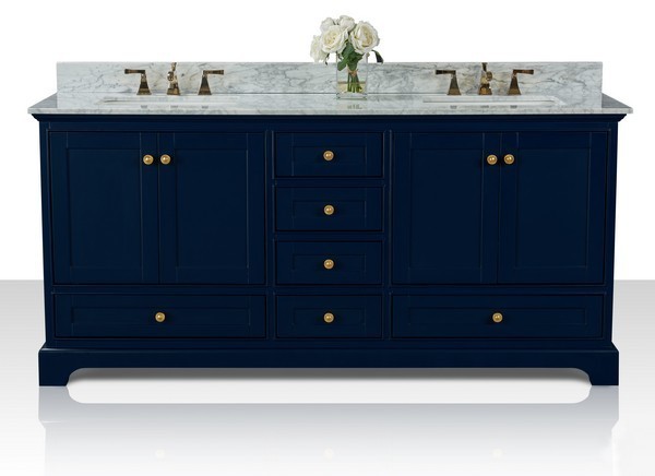 ANCERRE DESIGNS VTS-AUDREY-72-HB-CW-GD AUDREY 72 INCH BATH VANITY SET IN HERITAGE BLUE WITH ITALIAN CARRARA WHITE MARBLE VANITY TOP