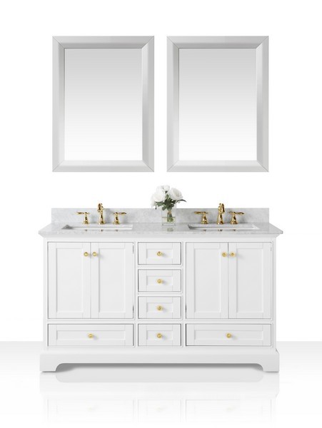 ANCERRE DESIGNS VTSM-AUDREY-60-W-CW-GD AUDREY 60 INCH BATH VANITY SET IN WHITE WITH ITALIAN CARRARA WHITE MARBLE VANITY TOP AND 24 INCH WHITE MIRROR