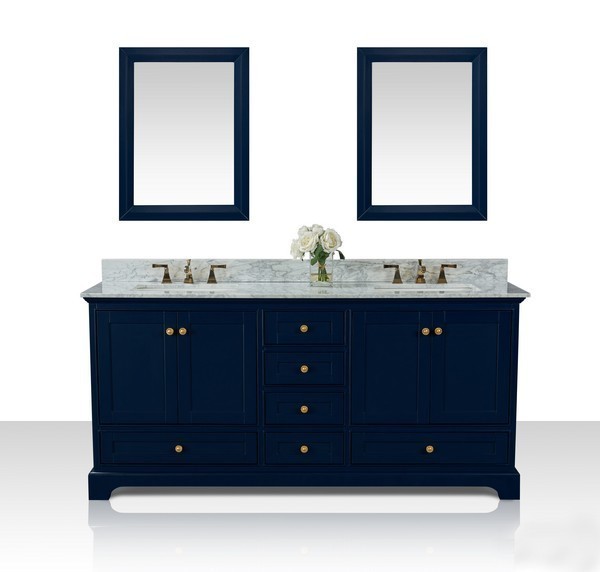ANCERRE DESIGNS VTSM-AUDREY-72-HB-CW-GD AUDREY 72 INCH BATH VANITY SET IN HERITAGE BLUE WITH ITALIAN CARRARA WHITE MARBLE VANITY TOP AND 24 INCH HERITAGE BLUE MIRROR