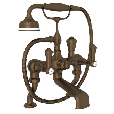 ROHL U.3000LSP/1 PERRIN & ROWE GEORGIAN ERA EXPOSED DECK MOUNT TUB FILLER WITH HANDSHOWER, METAL LEVERS WITH PORCELAIN CAP