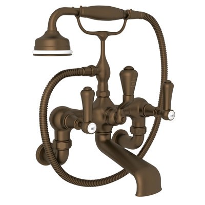 ROHL U.3006LSP/1 PERRIN & ROWE GEORGIAN ERA EXPOSED WALL MOUNT TUB FILLER WITH HANDSHOWER, METAL LEVERS WITH PORCELAIN CAP