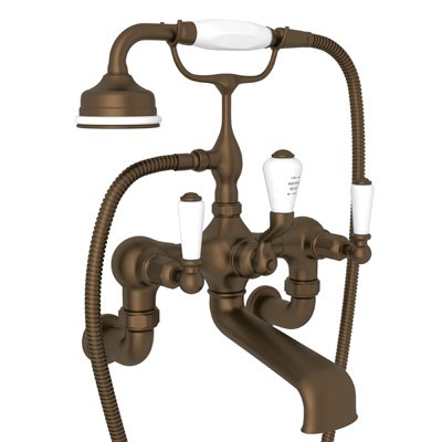 ROHL U.3510L/1 PERRIN & ROWE EDWARDIAN EXPOSED WALL MOUNT TUB FILLER WITH HANDSHOWER, PORCELAIN LEVERS