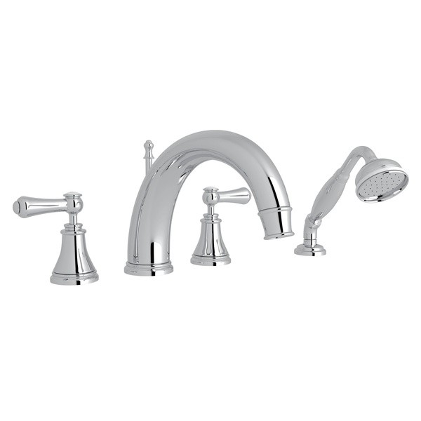 ROHL U.3648LSP PERRIN & ROWE GEORGIAN ERA 4-HOLE DECK MOUNT C-SPOUT TUB FILLER WITH HANDSHOWER, METAL LEVERS WITH PORCELAIN CAP