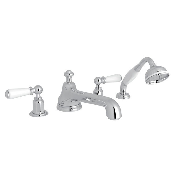 ROHL U.3737L PERRIN & ROWE EDWARDIAN 4-HOLE DECK MOUNT LOW LEVEL SPOUT TUB FILLER WITH HANDSHOWER, PORCELAIN LEVERS