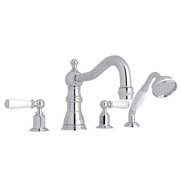 ROHL U.3745L PERRIN & ROWE EDWARDIAN 4-HOLE DECK MOUNT COLUMN SPOUT TUB FILLER WITH HANDSHOWER, PORCELAIN LEVERS