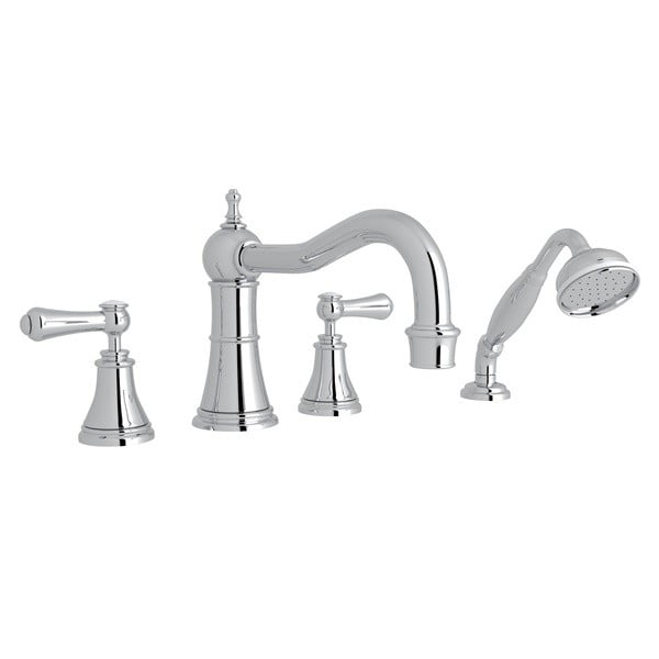 ROHL U.3747LSP PERRIN & ROWE GEORGIAN ERA 4-HOLE DECK MOUNT COLUMN SPOUT TUB FILLER WITH HANDSHOWER, METAL LEVERS WITH PORCELAIN CAP