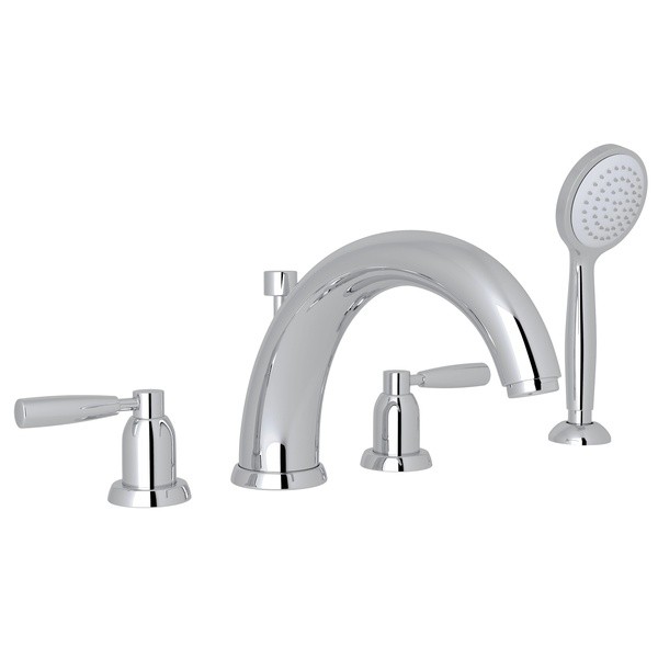 ROHL U.3848LS PERRIN & ROWE HOLBORN 4-HOLE DECK MOUNT MODIFIED C-SPOUT BATHTUB FILLER WITH HANDSHOWER, SOLID METAL LEVERS