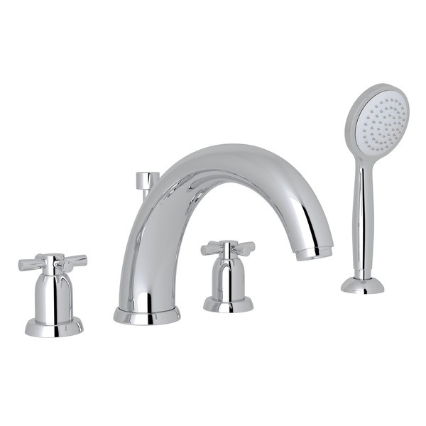ROHL U.3849X PERRIN & ROWE HOLBORN 4-HOLE DECK MOUNT MODIFIED C-SPOUT BATHTUB FILLER WITH HANDSHOWER, CROSS HANDLES